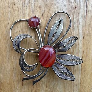 VTG West Germany‎ Brooch Pin 2.75 Inch Flower Carnelian Cabochon Filigree Silver